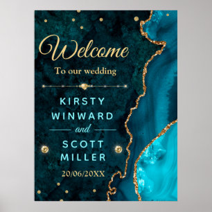 Affiche Teal & Gold Glitter Agate and marble Wedding