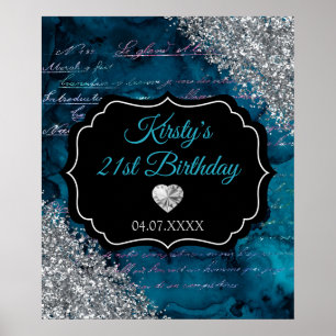 Affiche Teal Mermaid Silver Glitter Birthday Sign