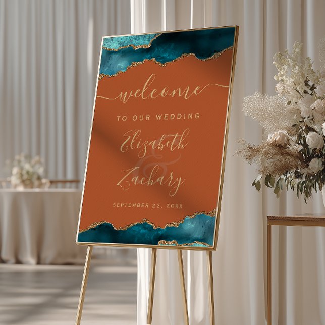 Affiche Teal Or Agate Orange Brûlé Mariage Bienvenue (Créateur téléchargé)