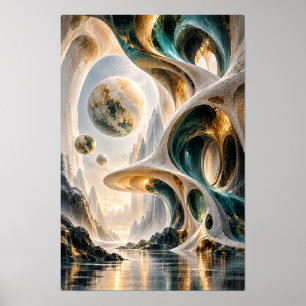 Affiche Teal Or Architecture Organique Sphères Flottantes