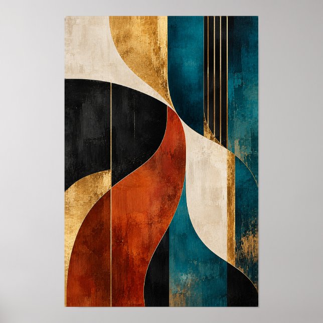 Affiche Teal Rouille Or Courbes Entrelacées Abstrait Mur A (Devant)