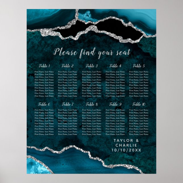 Affiche Teal Silver Agate Wedding Seating Chart 10 Table (Devant)