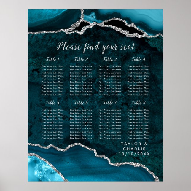 Affiche Teal Silver Agate Wedding Seating Chart 8 Table (Devant)