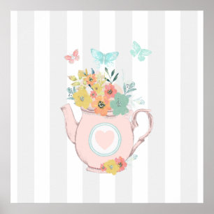 Affiche Teapot rose avec Fleurs et Papillons Gris Gris