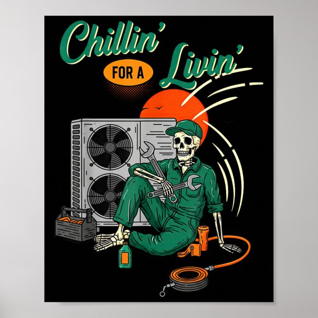 Affiche Technicien CVC drôle de squelette se détend pour g (Devant)
