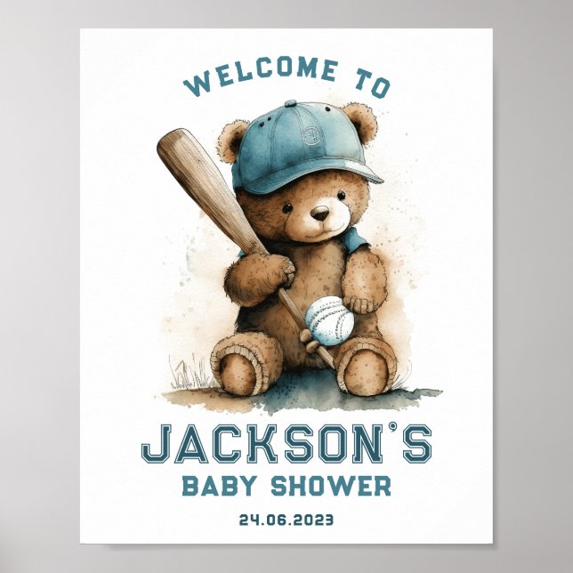 Affiche Tedd Bear Baseball Joueur Boy Baby shower d'accuei (Devant)