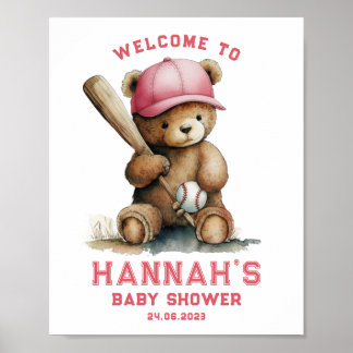 Affiche Tedd Bear Baseball Player Boy Welcome Baby Shower
