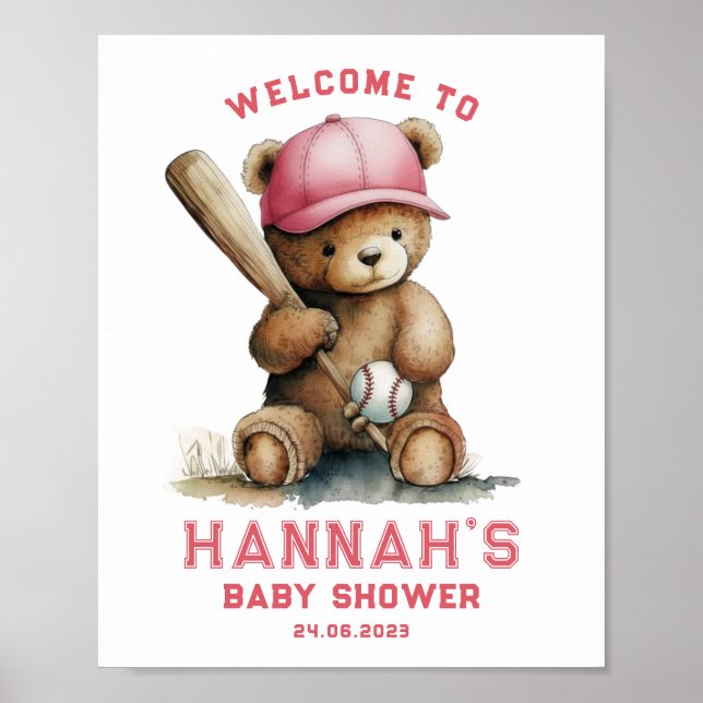 Affiche Tedd Bear Baseball Player Boy Welcome Baby Shower (Devant)