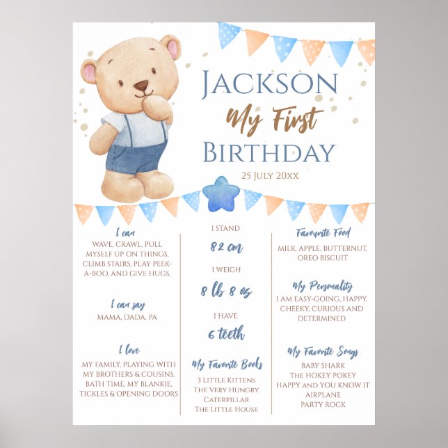 Affiche Teddy Bear 1er anniversaire Jalon personnalisé (Devant)