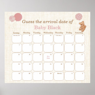 Affiche Teddy Bear Baby shower Devinez Le Calendrier Date