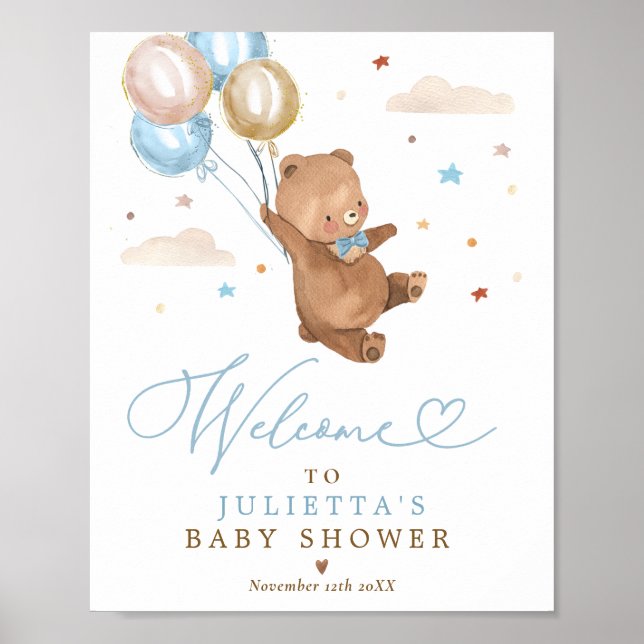 Affiche Teddy Bear Baby shower Garçon Bleu Ours Bienvenue (Devant)