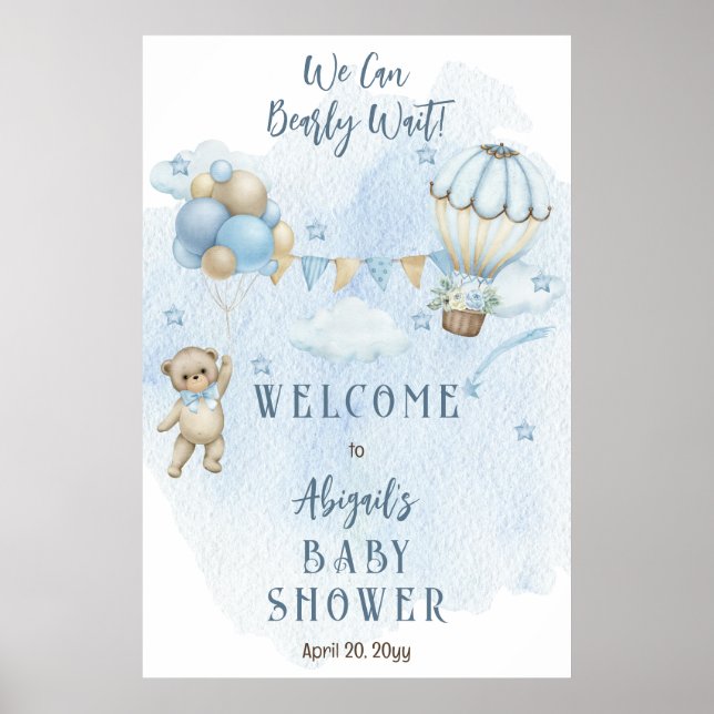 Affiche Teddy Bear Balloons Garçon Bearly Wait Baby shower (Devant)