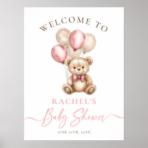 Affiche Teddy Bear Balloons Girl Baby shower Bienvenue