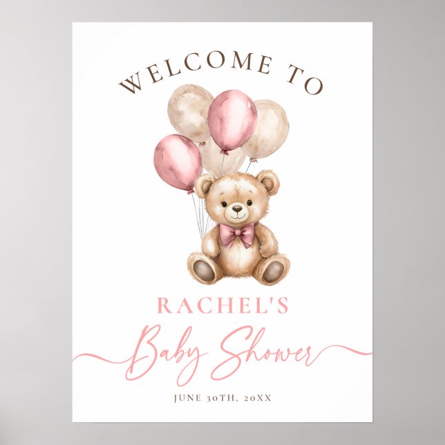 Affiche Teddy Bear Balloons Girl Baby shower Bienvenue (Devant)