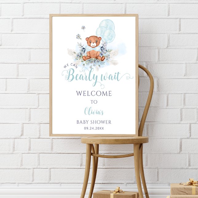 Affiche Teddy Bear Bearly Wait Boy Baby shower Bienvenue (Créateur téléchargé)