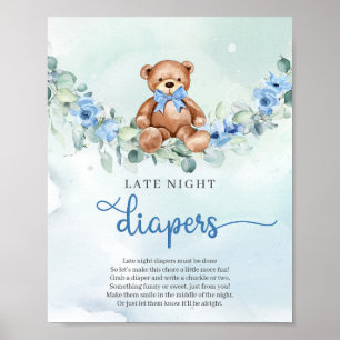 Affiche Teddy bear bleu floral tard la nuit Diapos jeu