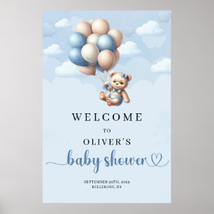 Affiche Teddy bear bleu ivoire Boy Baby shower Bienvenue