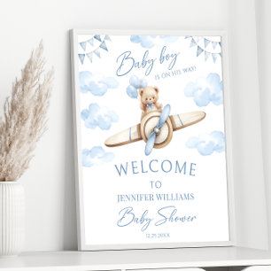 Affiche Teddy Bear Blue Avion Aventure Bébé Garçon Douche