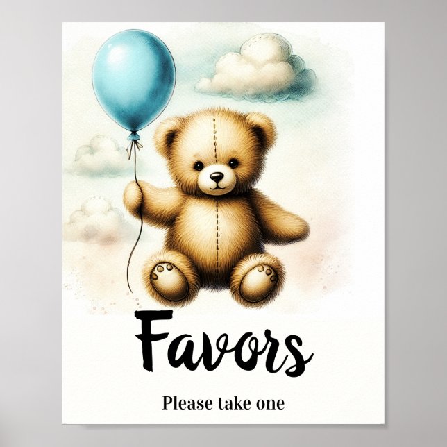 Affiche Teddy Bear Blue Balloon Anniversaire Favoriser Sig (Devant)