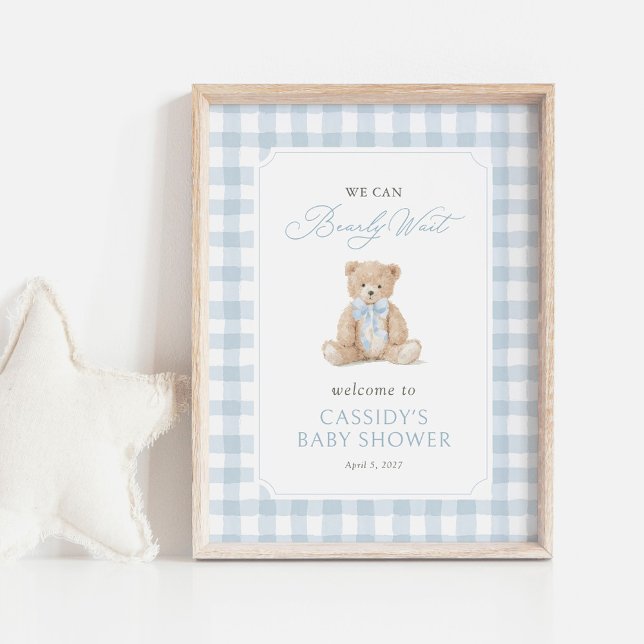 Affiche Teddy Bear Blue Gingham Baby Shower Welcome Sign (Créateur téléchargé)
