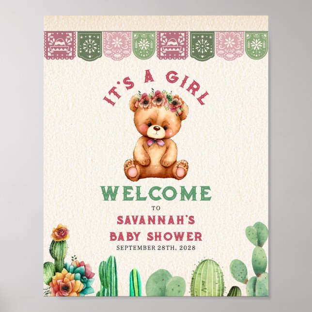 Affiche Teddy Bear Cactus Fille Baby shower Fiesta (Devant)