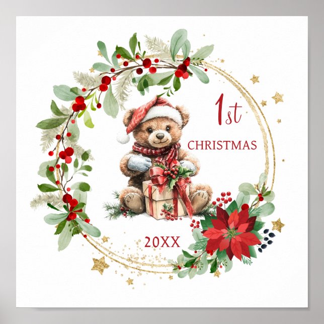 Affiche Teddy Bear Foliage Poinsettia Bébé 1er Noël (Devant)