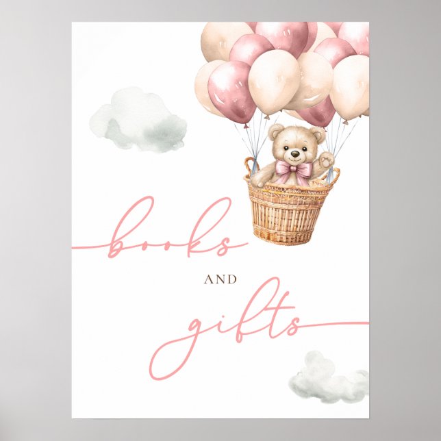 Affiche Teddy Bear Hot Air Balloon Livres Et Cadeaux Rose (Devant)