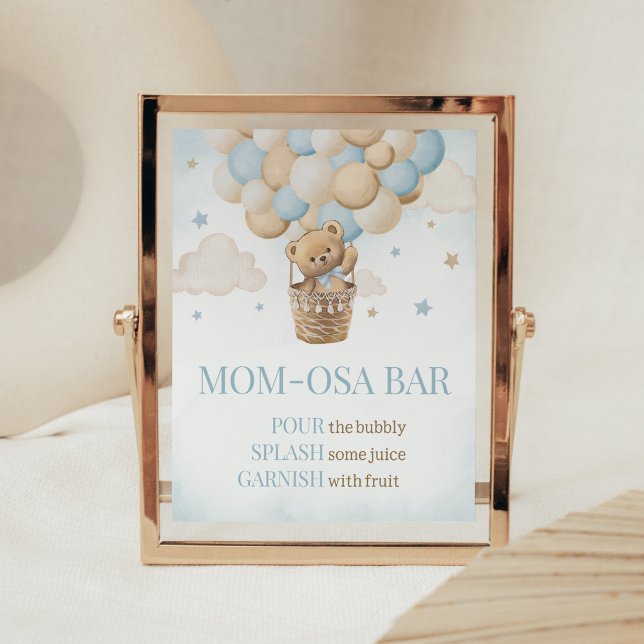 Affiche Teddy Bear Hot Air Balloon Maman Osa Bar (Boho Blue Bear Baby Shower Mom Osa Bar Sign)