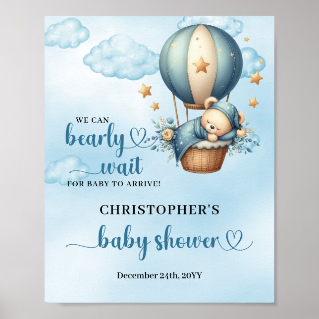Affiche Teddy bear montgolfière Boy Baby shower bienvenue (Devant)