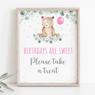 Affiche Teddy Bear Pique-nique Rose Floral Symbole d'anniv