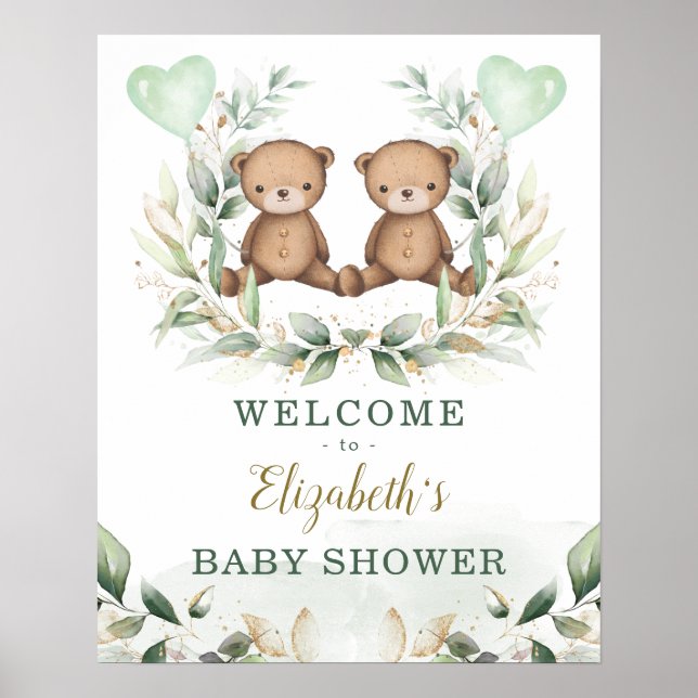 Affiche Teddy Bear Twins Greenery Baby shower Gold Bienven (Devant)
