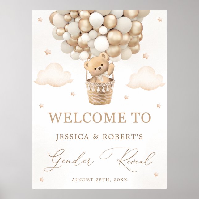 Affiche Teddy Bear with Neutral Balloons Gender Reveal (Devant)