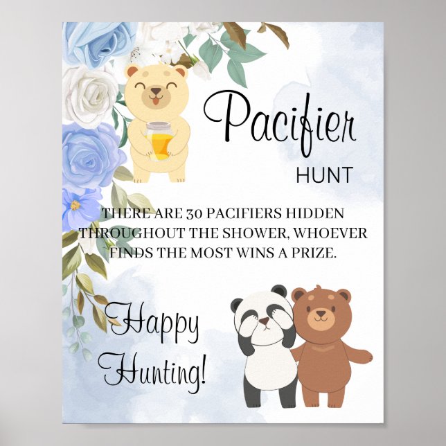 Affiche Teddy Bears Pacifier Hunt Baby Shower Game Sign (Devant)