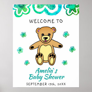 Affiche Teddy Ours Fleur Baby shower Floral Bienvenue