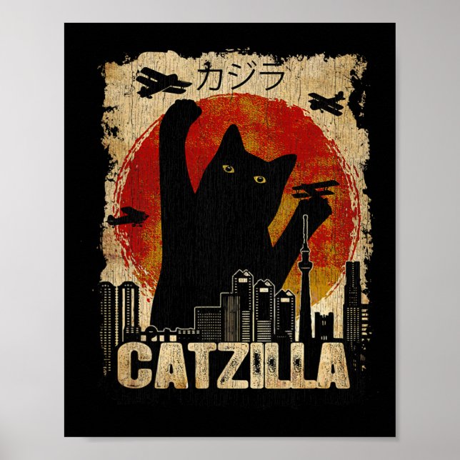 Affiche Tee Catzilla vintage - Chaton Et Chat Drôle (Devant)