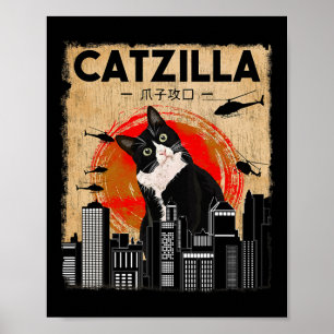 Affiche Tee Catzilla vintage - Drôle Tuxedo Chat Et Kitten