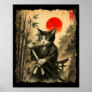 Affiche Tee Samouraï Chat Art Japonais Hommes Garçons Drôl