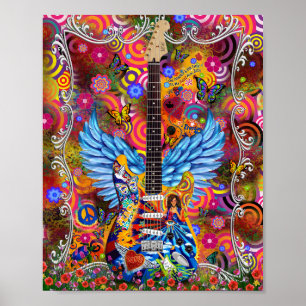 Affiche Teinture, paix, amour, guitare Janis Tribute Poste