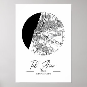 Affiche Tel Aviv - Israël Carte de la ville d'eau noire