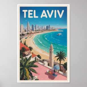 Affiche Tel Aviv Israël Illustration Voyage Art Rétro