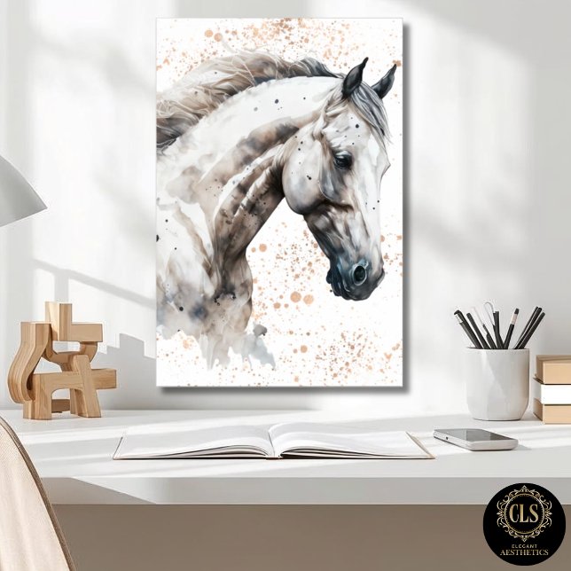 Affiche téléchargeable Cheval Blanc aquarelle (close up of office desk and White Horse Watercolor Art Downloadable Poster on wall
)