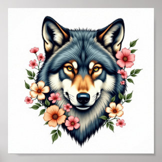 Affiche Téléchargeable Floral Wolf Vintage Wall Art