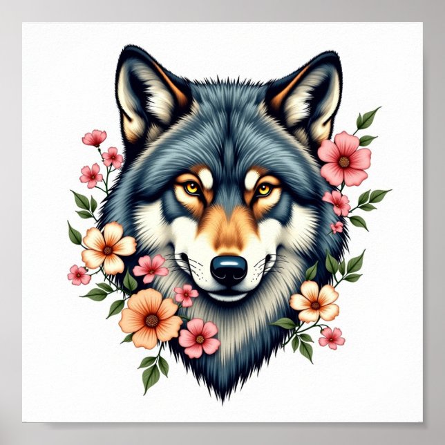 Affiche Téléchargeable Floral Wolf Vintage Wall Art (Devant)