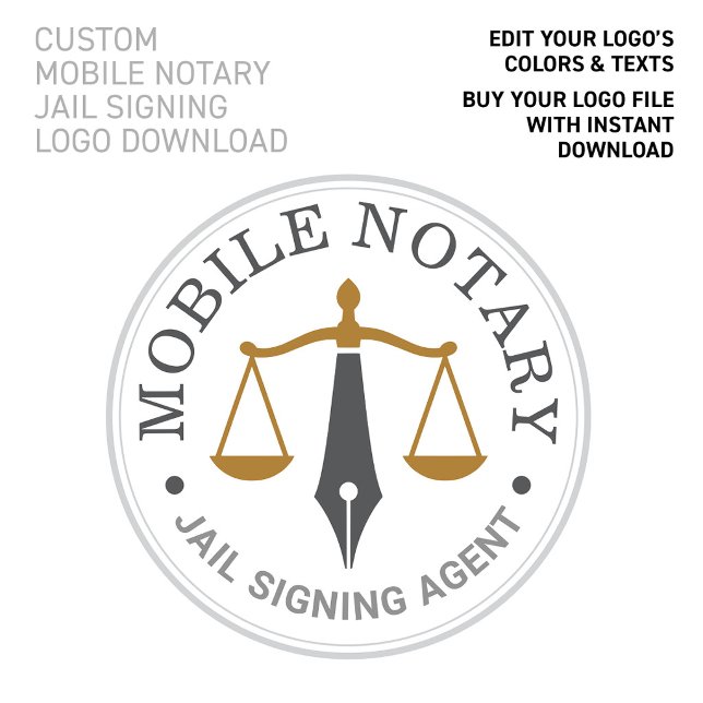 Affiche Téléchargement de logo doré gris foncé de notaire  (Jail Signing Logo Download Mobile Notary:
CUSTOMIZE THIS LOGO COLORS & TEXTS!)