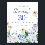 Affiche Téléchargement numérique Hydrangea 30th Birthday W<br><div class="desc">Vous pouvez télécharger ce panneau d'accueil fleuri d'été immédiatement. Les hydrangées bleues et violettes douces se mélangent à des roses sauvages blancs et roses. Le nom du célébrant d'anniversaire est écrit dans une police de caractères facile à lire. l'année et la date d'anniversaire suivent une police de caractères serif traditionnelle...</div>
