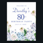 Affiche Téléchargement numérique Hydrangea 80th Birthday W<br><div class="desc">Vous pouvez télécharger ce panneau d'accueil fleuri d'été immédiatement. Les hydrangées bleues et violettes douces se mélangent à des roses sauvages blancs et roses. Le nom du célébrant d'anniversaire est écrit dans une police de caractères facile à lire. l'année et la date d'anniversaire suivent une police de caractères serif traditionnelle...</div>