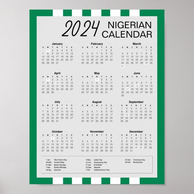 Affiche Télécharger Calendrier nigérian 2024 $5.95 PDF (Devant)