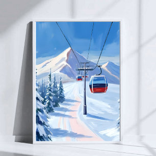 Affiche Téléphérique de ski Gondole de montagne enneigée