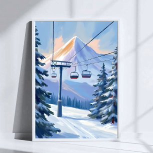Affiche Téléphérique Ski aquarelle hiver montagne
