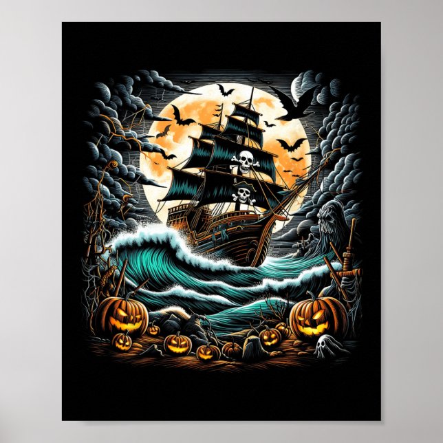 Affiche Tempête de bateau pirate Halloween capitaine de ba (Devant)